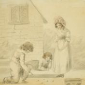 19th Century School, a scene of children playing marbles, pencil and wash, 8