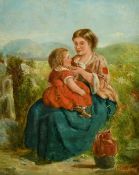 CWB (19th Century) Mother seated on a grass verge with a child on her lap and a jug by her side,