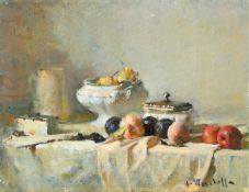 French School, A still life of objects on a table, a jug and pots, apples, peaches and plumbs, oil