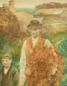 Henry Edgar Crocket (1870-1926) British, a farmworker and his son gathering wood with stone