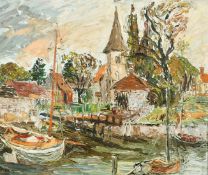 George Hahn (20th Century), boats moored by a church, oil on board, signed, 20