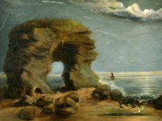 19th Century School, a sailboat off a rocky coastline, oil on board, signed with initials W.N.,