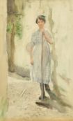 Henry Edgar Crocket (1870-1926) British, a study of a young woman brushing a stone path,