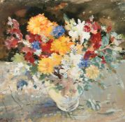 P. Bishop, Spring flowers in a white jug, watercolour, signed, 9.75