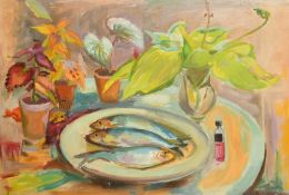 Phyllis Bray (1911-1991) British, a still life of fish on a plate surrounded by plants, oil on