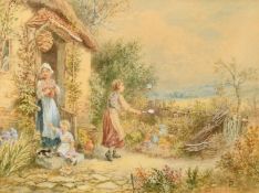 Circle of Myles Birket Foster, A family at a cottage door, watercolour, bears monogram, 4.75