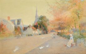 Thomas MacKay (1851-1909) British, 'Walkers, Harrogate', female figures with geese on a village