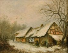 20th Century School, a pair of miniature scenes of a sunset over a bay and a cottage in winter,