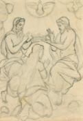 A Robaut, A female being crowned by two male figures, pencil drawing with stamped signature,