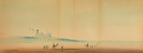 A. O. Lamplough, figures travelling in a desert with temple ruins beyond, watercolour, signed and