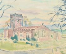 20th Century, View of a church, oil on board, 10