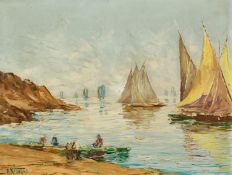 A. Giovani, 20th Century Italian, figures on a shore with sailboats beyond, oil on board, signed,
