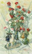 Ukrainian School, circa 2009, a still life of roses and other objects on a table, oil on canvas,