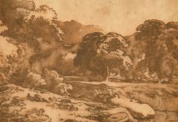 Circle of Claude Le Lorrain, Shepherds resting with their flock in a landscape, ink and sepia