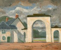 John Brown (20th Century) British, a view of buildings, oil on board, signed with initials, 10