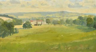 Modern British, View across an extensive landscape towards a country house, oil on board, initialed,