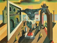 G.H.F. de Goya von Gerendassy (20th Century) 'Past, presence and divine', oil on board, signed,