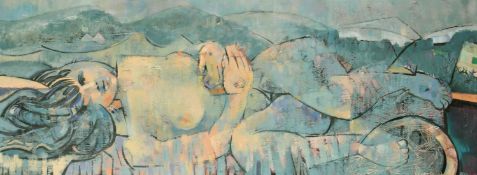 Roger Smith (1932-2004) British, 'Reclining figure in a landscape' oil on canvas, signed and dated