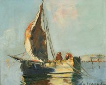 Guy Le Florentin (1907-1978) French, figures on a boat moored in a bay, oil on canvas, signed, 9