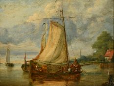 19th Century Dutch School, leeboard barges moored with a rowing boat in attendance, oil on canvas,