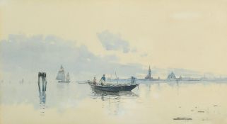 Camillo Bortoluzzi (1868-1933), A view of the Venice lagoon with gondolas and sailing boats,