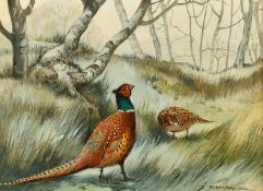Berrisford Hill, pheasants in a woodland landscape, oil on panel, signed, 5