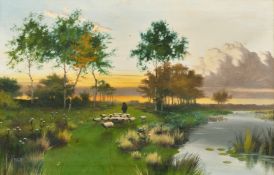 19th Century English School, monogram V. W., a shepherd and his flock by a river, oil on canvas,