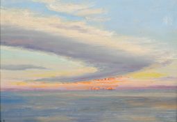 L.S. circa 1930, a view of the setting sun at sea, oil on panel, signed with initials, along with