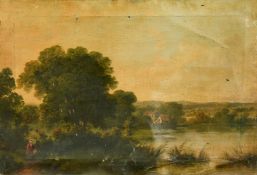 19th Century English School, a female figure walking by a river with cottages beyond, oil on canvas,