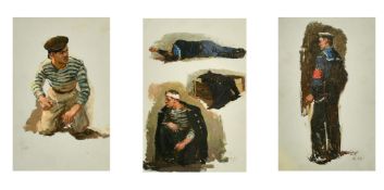 Mid-20th Century Russian School, a scene of sailors, oil on board, framed as a triptych, each