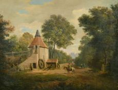 19th Century Continental, Figures round a mill, oil on canvas, 16.75