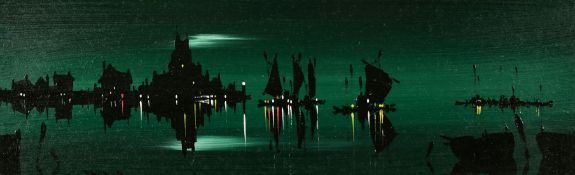 David Deakins, A lagoon at moonlight, oil on board, signed and with artists label verso, 6