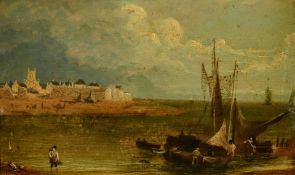 19th Century School, figures gathered by fishing boats, oil on oak panel, 6