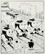 Tim Marwood (1954-2008) British, 'Thomas' 'Three smiling trains', pen drawing framed, signed and