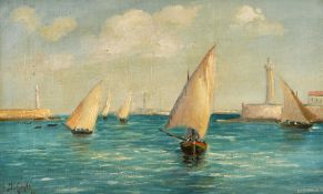 J. Colvin, Sailboats in a harbour wall, oil on canvas, signed and indistinctly dated, 8.5