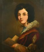 19th Century English School, a head and shoulders portrait of an adolescent holding paper, oil on