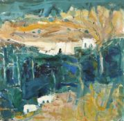 Sheila Macnab Macmillan (1928-2018) Scottish, A scene of buildings in a landscape, oil on canvas,