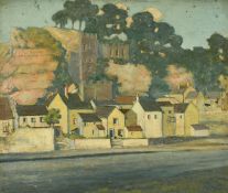Circle of Adrian Allinson, Canalside cottages with a hillside behind, oil on panel, 11.75