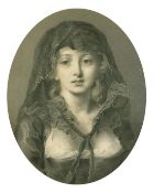 A 19th Century engraving of a bust length portrait of a female in a headdress, 8.5