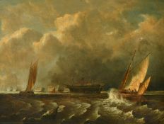 18/19th Century, Coastal scene of Prison hulks off Portsmouth Harbour, oil on panel, indistinctly