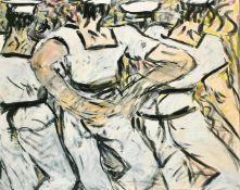 Fiona Carlisle (b. 1954) 'Greek sailors', acrylic on paper, Leinster Contemporary Art label verso