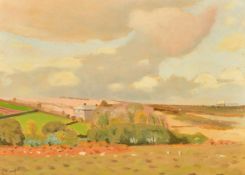 Robert Morson Hughes (1873-1953) British, Landscape with trees and sheep in the fields, oil on