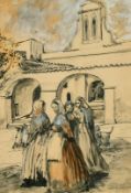 Edie Lamont (1899-1983) Women outside a church Ibiza, watercolour, signed, label verso, 10.75