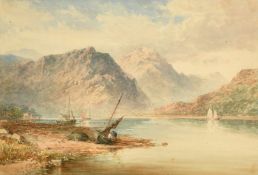 James George Philip (1816-1885) British, 'A Scottish Loch with Fishing Boats', watercolour,