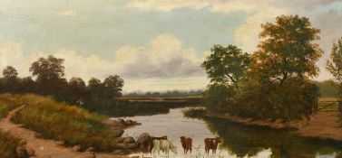 E. Lancaster, Circa 1887, Near Boxhill, Surrey, a scene of an angler and cattle by a river, oil on