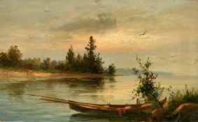 19th Century School, a moored fishing boat in a coastal inlet, oil on board, 8.5