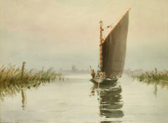 Charles Hannaford Junior, a view of a sailboat on the Broads, watercolour, signed, 9.5