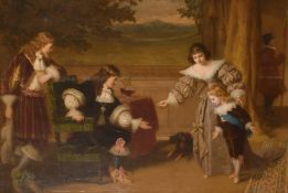 19th Century English School, Family gathering in a lavish interior, oil on canvas, indistinctly