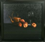 George Tincu (contemporary) Still life of a brass kettle, peaches and a glass of wine, oil on
