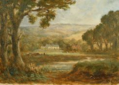 19th Century English School, a scene of a cottage with cattle grazing by a river, oil on board, 7